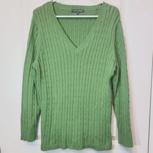 Women 1X Sweater v neck cotton cable knit green By ADDITION ELLE